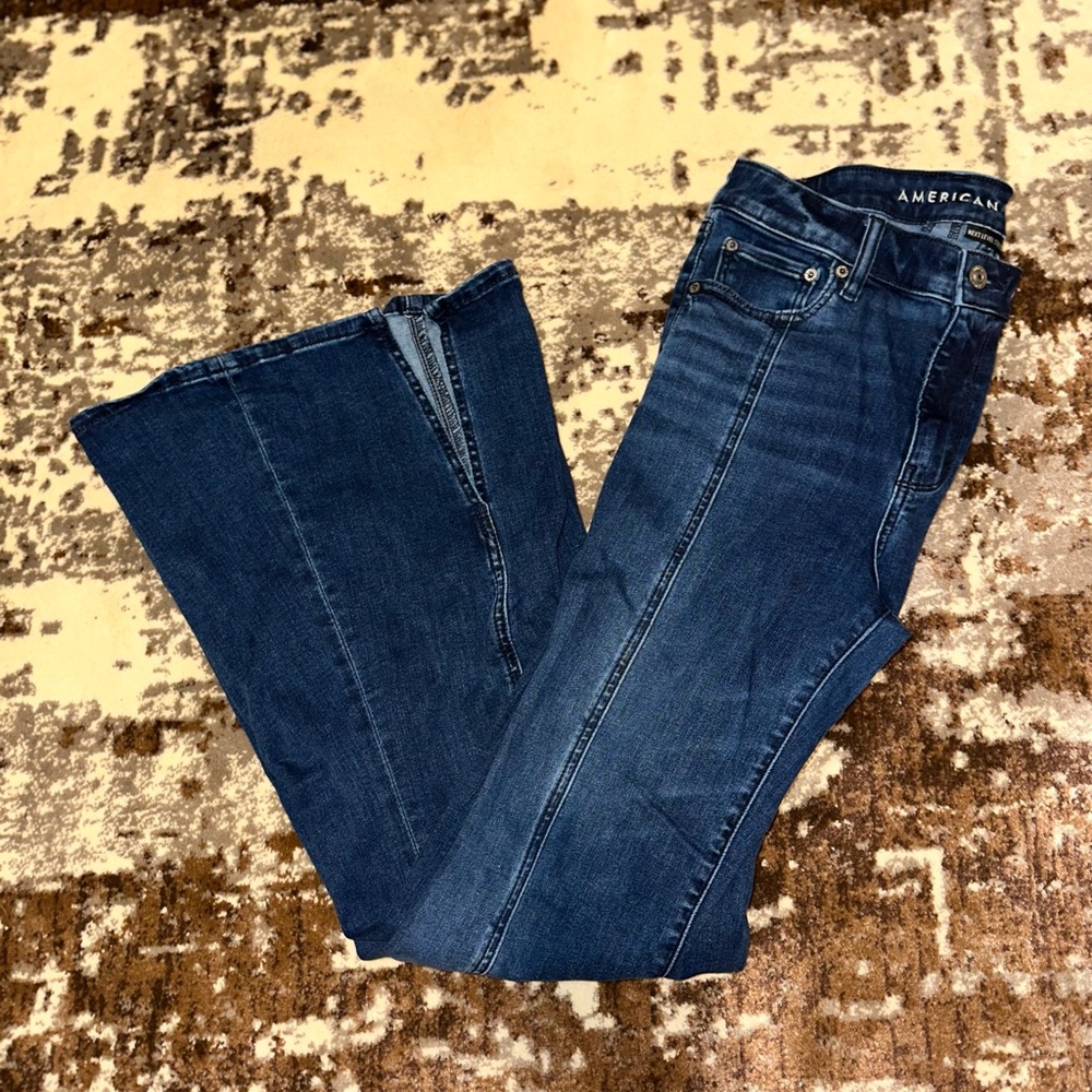 American Eagle Outfitters Blue Flare & Wide Leg Jeans with Distressed Details
